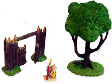 Dösender Wächter mit Palisade mit Tor zum Dorf und ein Baum